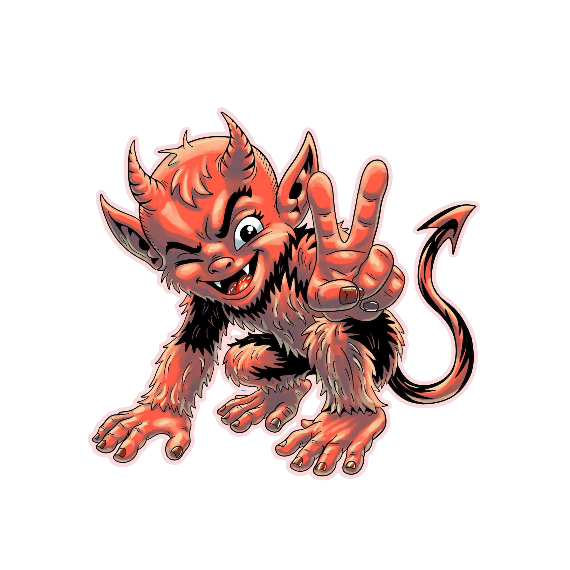 Winking cartoon horned devil making a peace sign